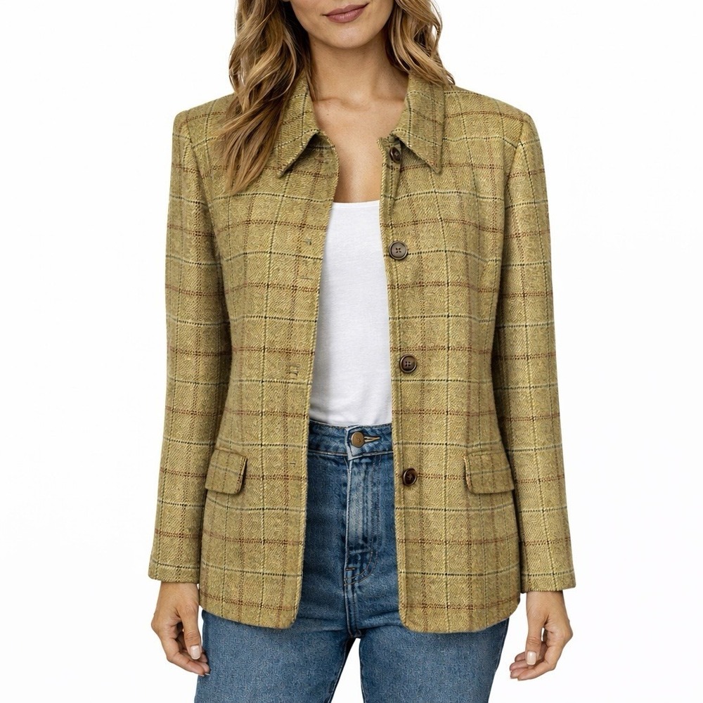 90s LANDS END Green Plaid Wool Jacket Blazer sz 10 Preppy Workwear Academia